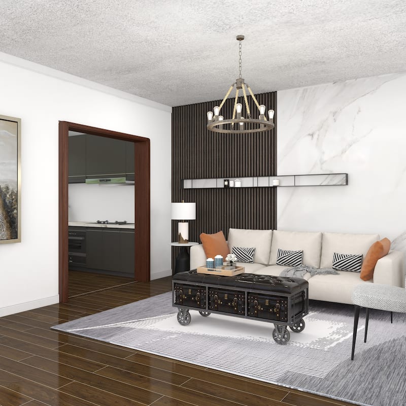 Faux Leather Tufted Upholstered 3 Trunk Room Storage Bench with Industrial Wheels and Gold Accents - Black - Roche River Decor