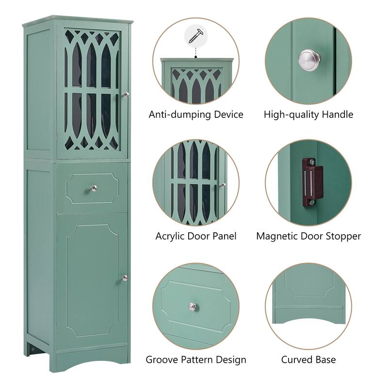 Freestanding Adjustable Storage Cabinet with Metal Knobs, Acrylic Panel Door Cabinet, Groove Pattern Drawer and Door Cabinet