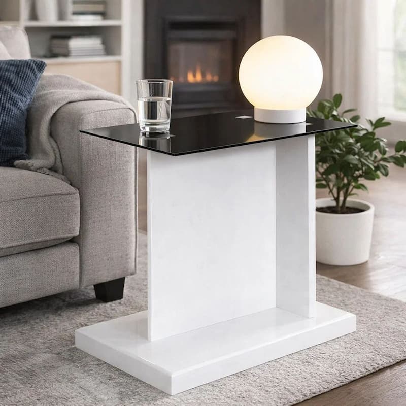 Liam 22 Inch Square Side End Table, White Wood, Pedestal Base, Glass Top