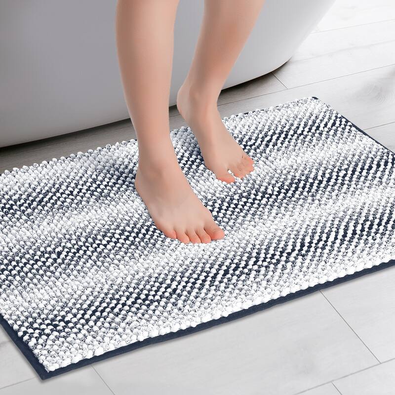 Chenille Bathroom Rug, Soft and Absorbent Bath Mat Non-Slip Striped Rug Luxury Plush Shaggy Bath Mat - Dark Blue - 16" x 24"