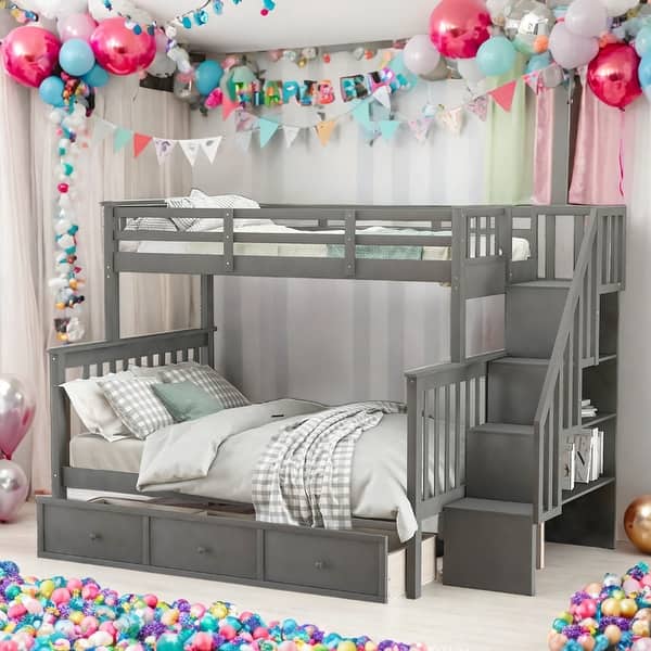 slide 2 of 57, Modern Twin over Full Bunk Bed With Drawer,Storage And Guard Rail,Solid Construction for Kids Grey