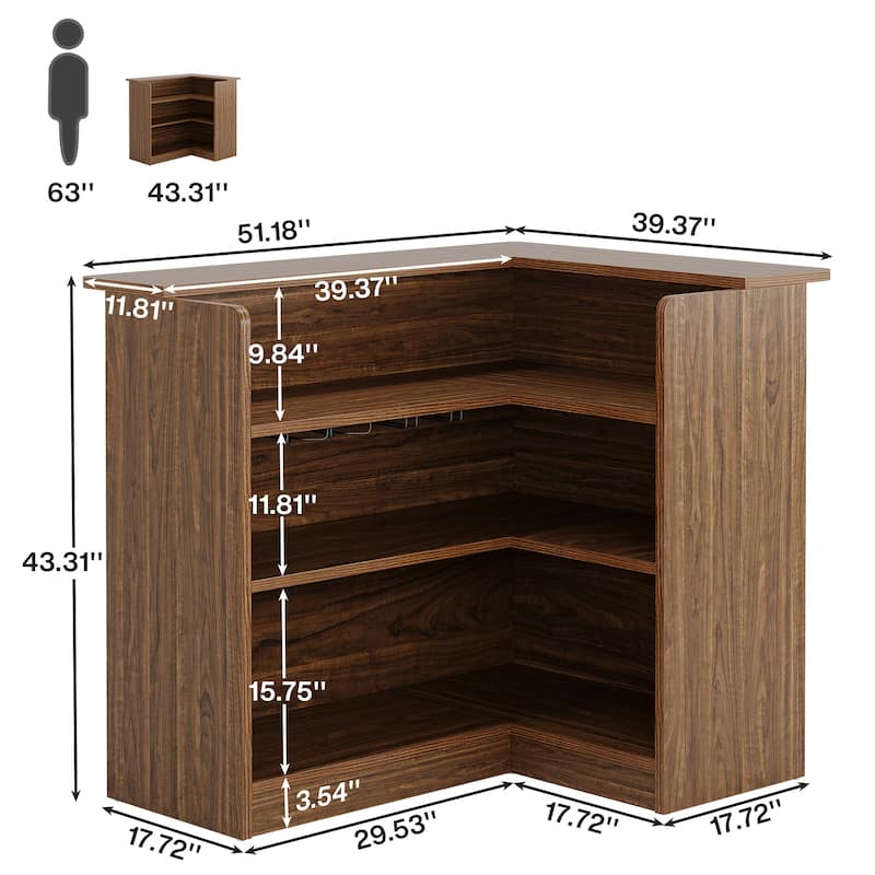 L-shaped bar Cabinet 4-tier Liquor Bar Table with Storage for Kitchen, Brown - N/A