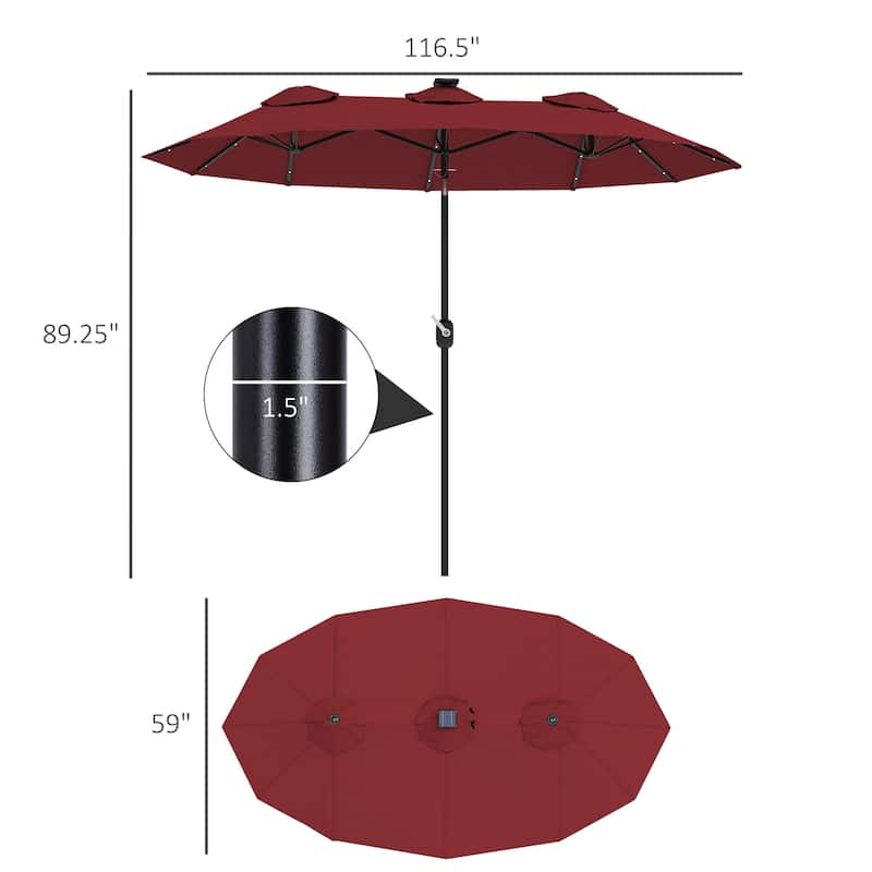 Double Sided Solar LED Patio Umbrella with 36 Lights Wine Red Outdoor Garden Poolside Shade Tilt Crank