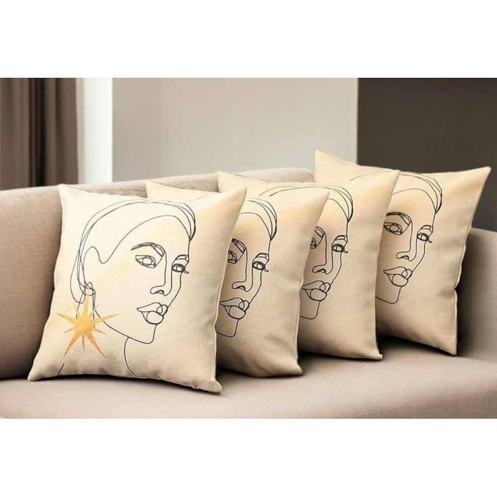 Set of Four 18" Beige and Black Throw Pillow