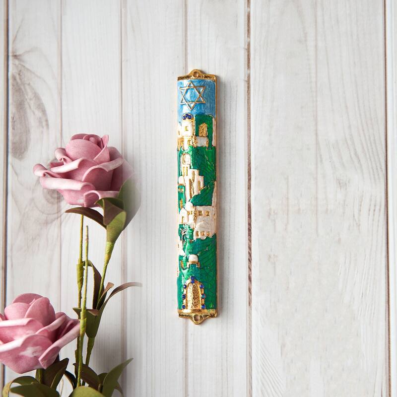 Matashi Hand Painted 5.5" Blue and Ivory Enamel Jerusalem Cityscape Mezuzah Embellished with Gold Accents and Star of David