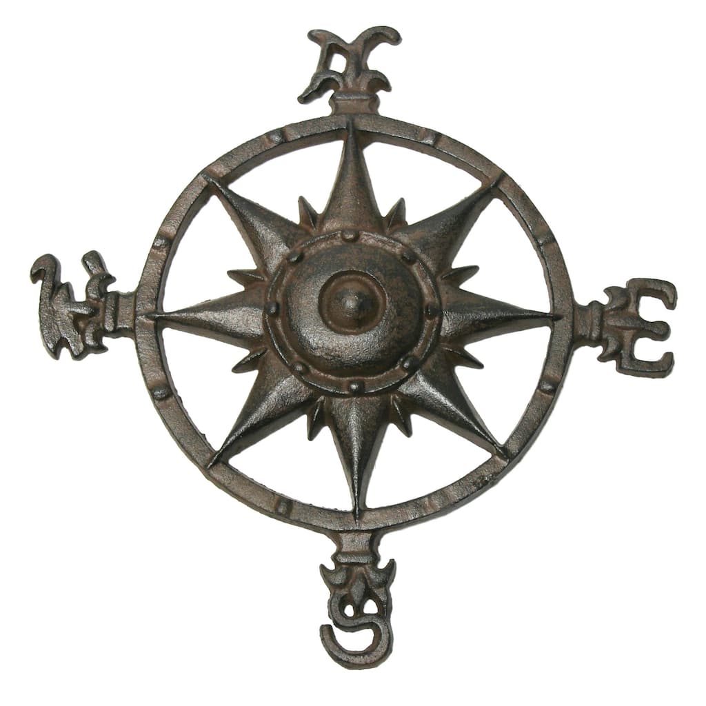 Cast Iron Rustic Compass Rose Sculpture Wall or Garden Decor - Rust