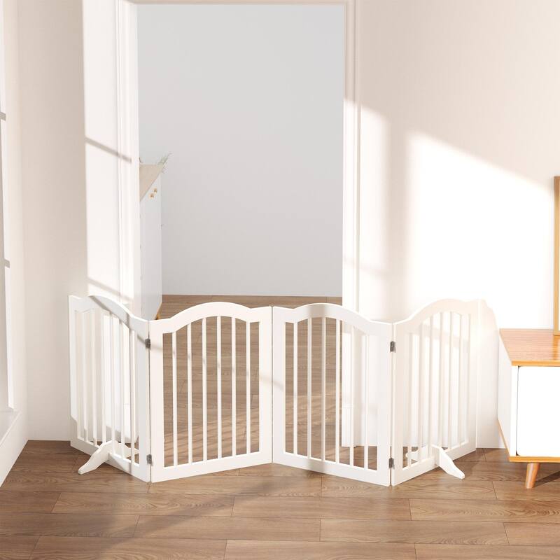 27.6"Height White Wooden 4-Panel Pet Gate Freestanding Foldable Playpen for Dogs Cats - 80”L x 0.70”W x 27.56”H