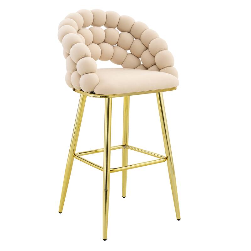 Set of 2 Puffy Bubble Chair Ball Chain Chair Velvet Bar Stools with Gold Legs, Modern Tufted Accent Bar Chairs