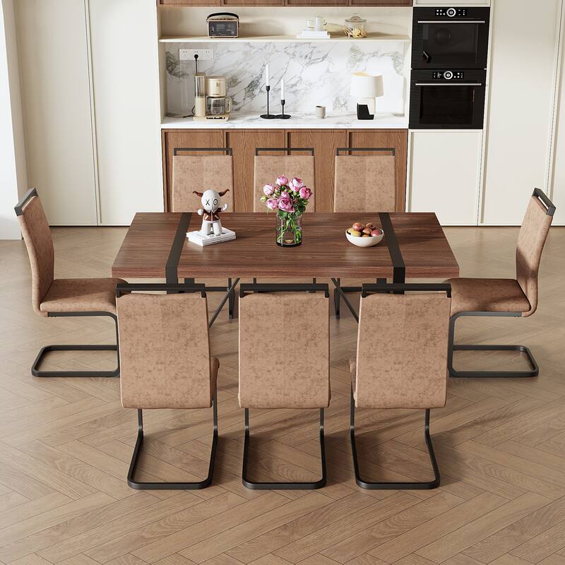 Roomfitters 7/9pcs Walnut Dining Table Set with Technology Fabric Chairs and Arched Black Metal Legs, Walnut