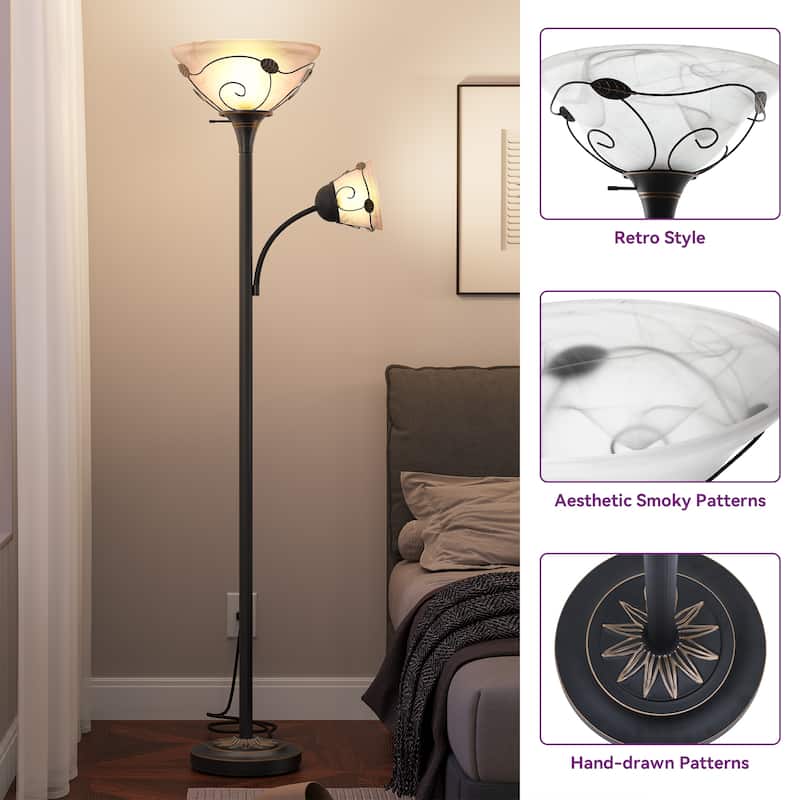 Moasis 71" Traditional Torchiere Floor Lamp with Adjustable Reading Light, Alabaster glass shades - 71"H