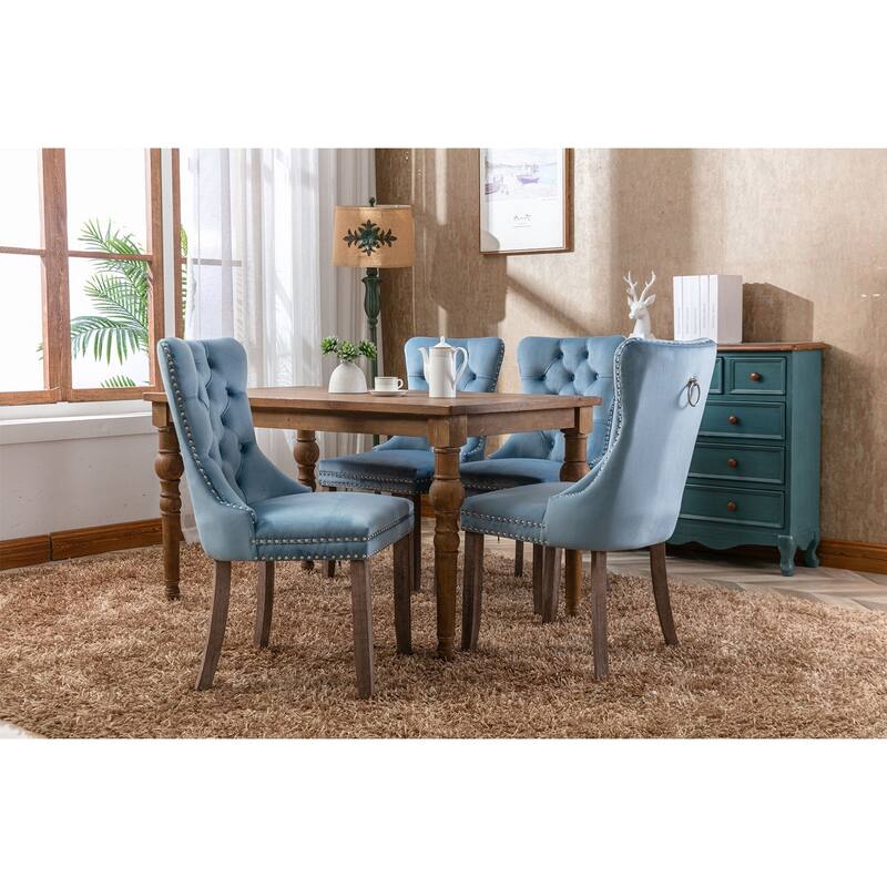 Velvet Dining Chairs Set of 2, Tufted Upholstered Side Chair, Dining Room Chair with Back Ring Pull Trim & Solid Wood Legs