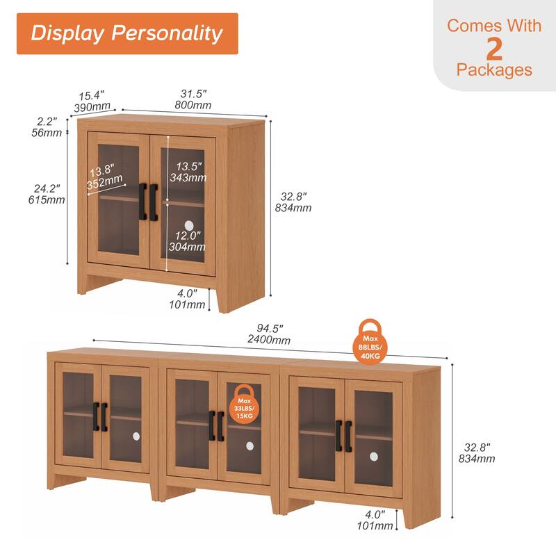 WAMPAT Modern Farmhouse Modular Buffet Cabinet, Glass Door Sideboard with Adjustable Shelves