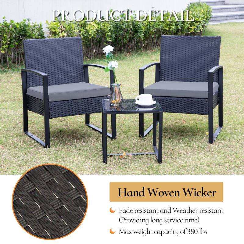 3-PC Outdoor Wicker Conversation Set w/ 2 Cushions, Glass Coffee Table
