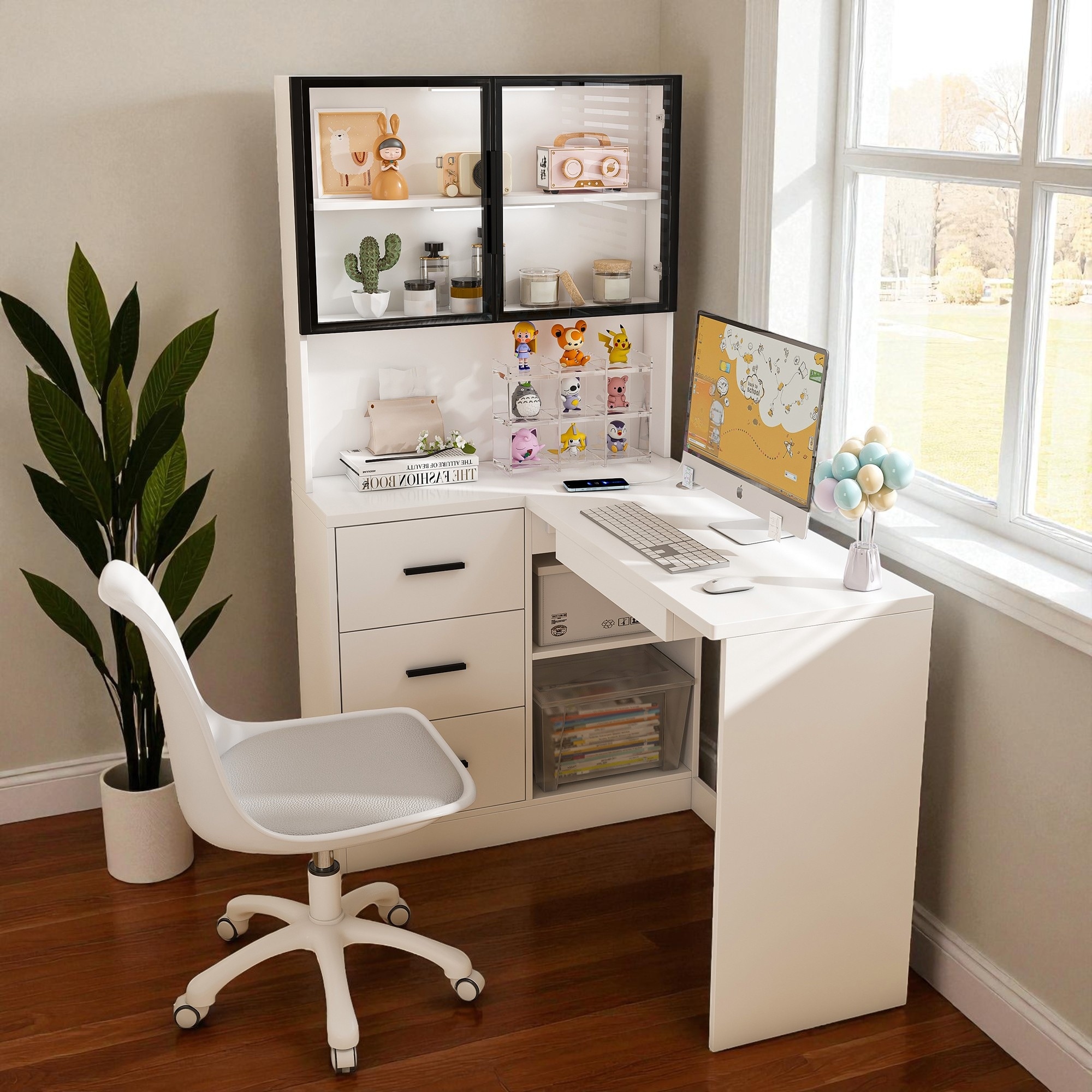 L-Shaped Computer Desk with Glass Cabinets, LED Lights & USB Ports, Corner Office Desk with Keyboard Tray and Drawers