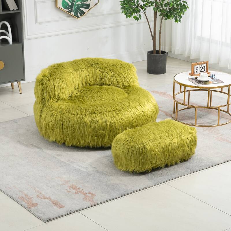 Plush Upholstered Round Comfort Lounger Bean Bag Chair with Ottoman - Olive