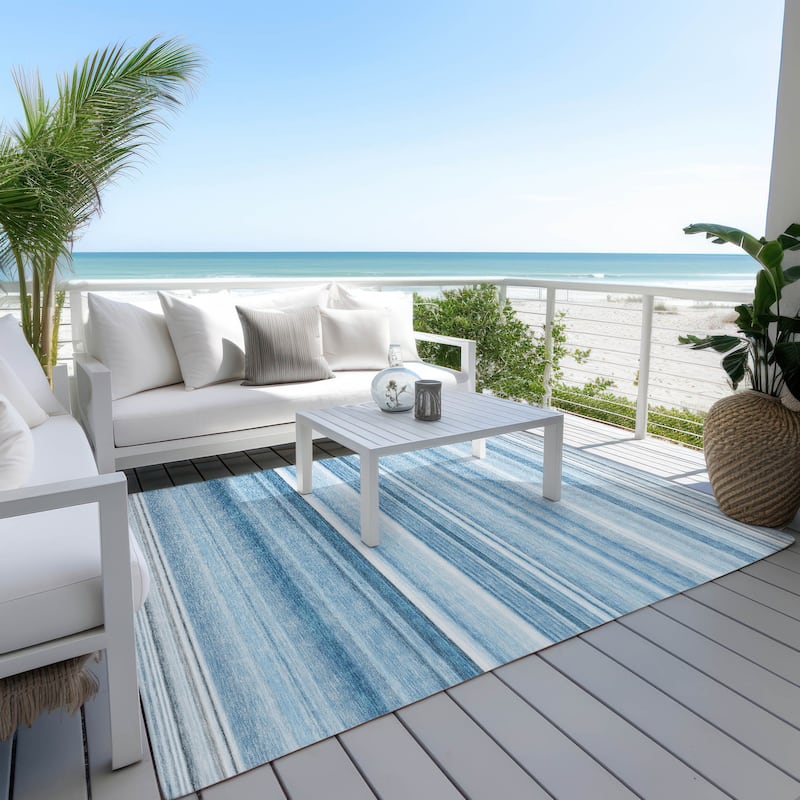 Machine Washable Indoor/ Outdoor Chantille Multi Stripe Rug - Blue - 10' x 14'