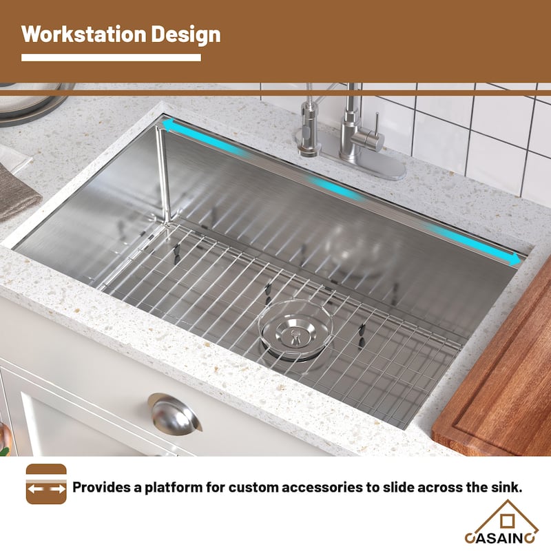 Undermount Single Bowl 18 Gauge Brushed Stainless Steel Workstation Kitchen Sink with Sliding-Accessories