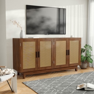 Modern 4 Door Wood Rattan Buffet Sideboard Storage Cabinet