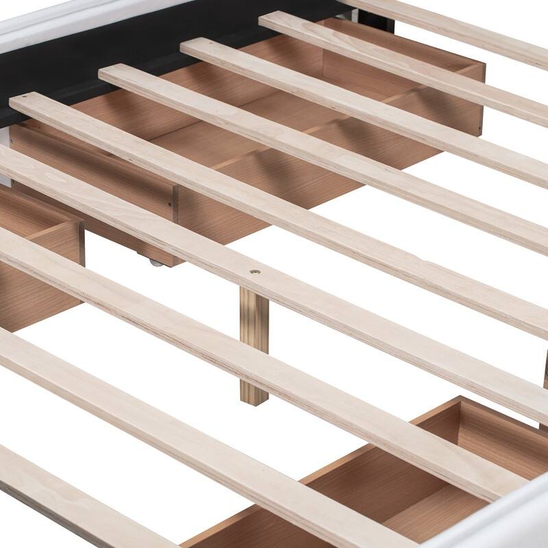 Queen Upholstered Bed Frame with 4 Drawers, Linen Fabric Platform Storage Bed with Classic Headboard and Wooden Slats Support