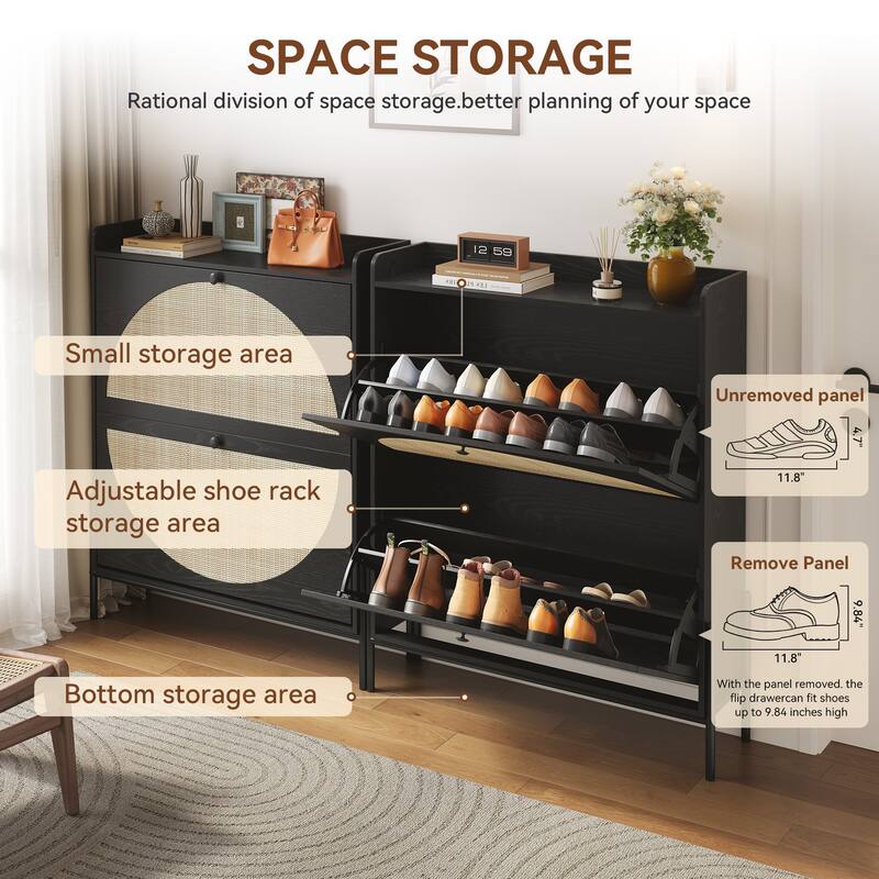 2-Drawer Wooden Shoe Cabinet with Rattan Doors/Narrow Freestanding Storage Organizer for Entryway