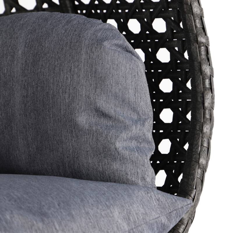 LeisureMod 2-Person Hanging Egg Swing Chair with Metal Stand - Handcrafted Charcoal Wicker, Patio Hammock Lounger with Cushions