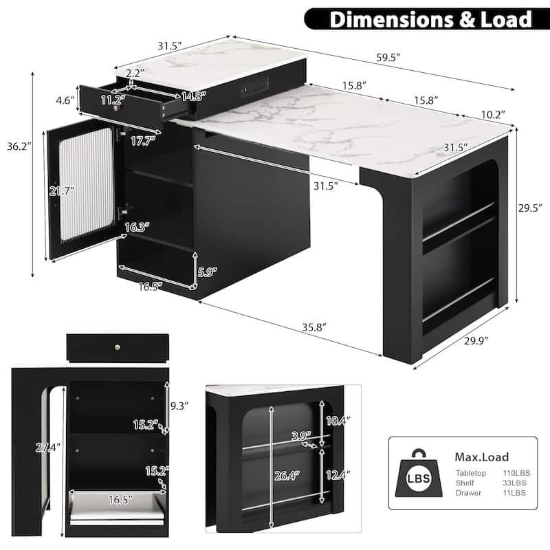 59.5" Kitchen Island with Extendable Dining Table, Kitchen Storage Table with Double-sided Storage, with 2 Drawers