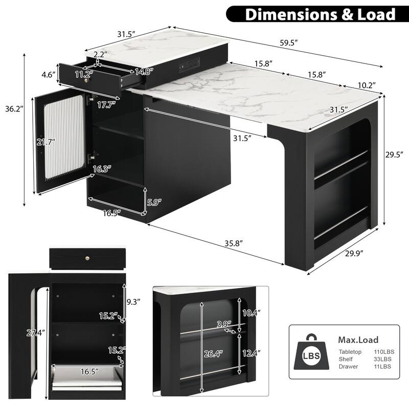 59.5" Kitchen Island with Extendable Table, Double-Sided Storage, Power Outlet, Drawers and Shelves