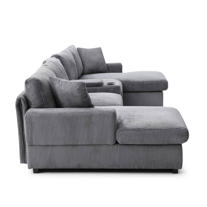 Comfy Corduroy Cloud U-shaped Sectional Sofa with Double Chiase Lounge, Built-in Storage Console and Cup Holders for Living Room