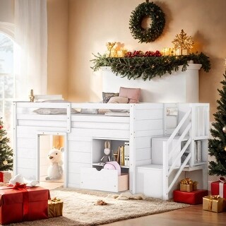 Modern & Clean Design Twin Size Kid Low Loft Bed With Shelves, Ladder and Drawers, Superior Quality, Maximized Space