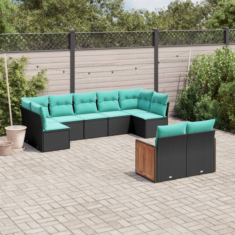 vidaXL 9 Piece Patio Sofa Set with Cushions Black Poly Rattan - 21.7x27.2x24.4-Without table