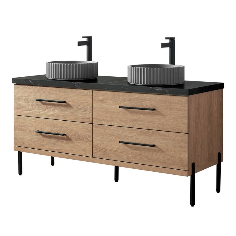 Trento Bath Vanity, Sintered Stone Top with Concrete Sink without Mirror - 60in. - North American Oak(Round Sink)