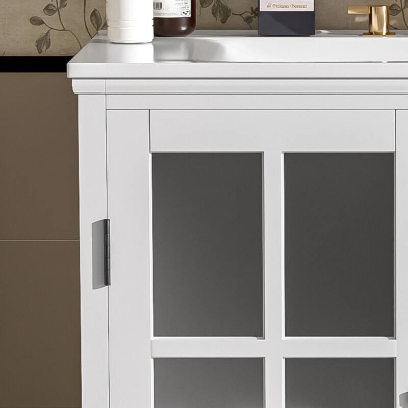 Bathroom Storage Vanity Cabinet with Ceramic Sink, Blurred Tempered Glass Doors, Matte Black Handles and Adjustable Shelf