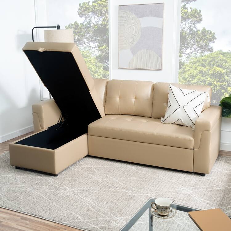 Perry Modern Reversible Sleeper Sectional Sofa with Storage Chaise, Pullout Sleeper Sofa Couch Bed for Living Room