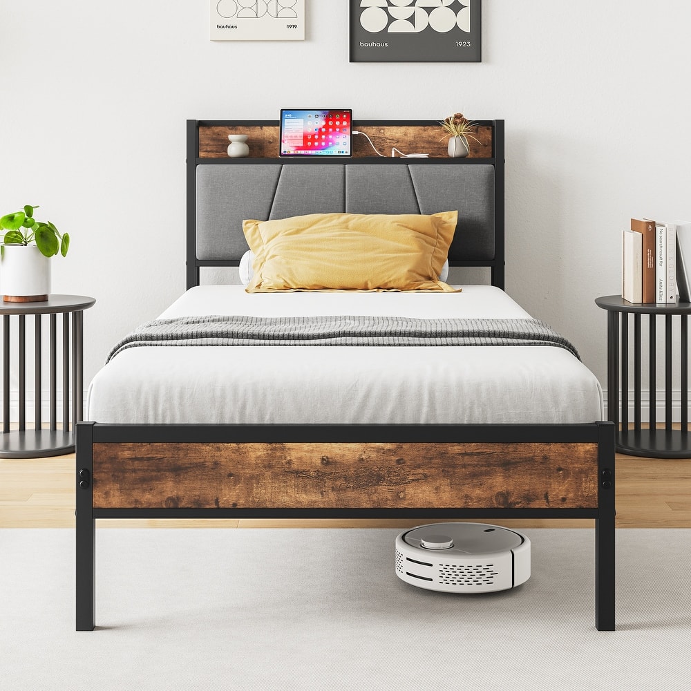 Twin Size Bed Frame w/ Storage Headboard & Charging Station, Solid & Stable, No Box Spring Needed, Easy Assembly