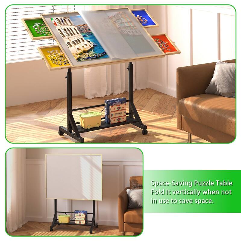 Wooden 1500 Piece Puzzle Table With Drawer,360°Tilting Puzzle Table With Legs And Wheels,Adjustable Height And Angle
