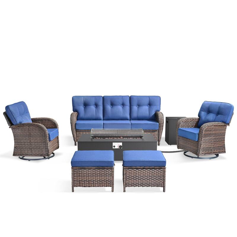 Pocassy 43 In Fire Pit w/ Outdoor Sofa Swivel Chair Ottoman Set