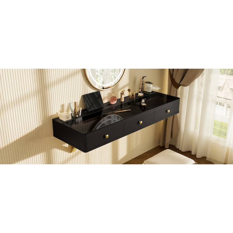 Floating Vanity Desk with Glass Top & Drawers, Wall Mounted Makeup Vanity Desk, Dressing Table with Tablet Holder