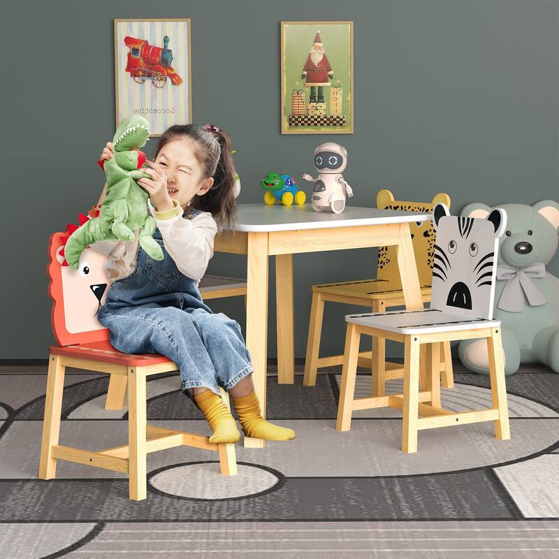 Anmytek 5-Piece Kids Table and Chair Set with Animal Themed Chairs, Solid Wood Children's Furniture for Playroom