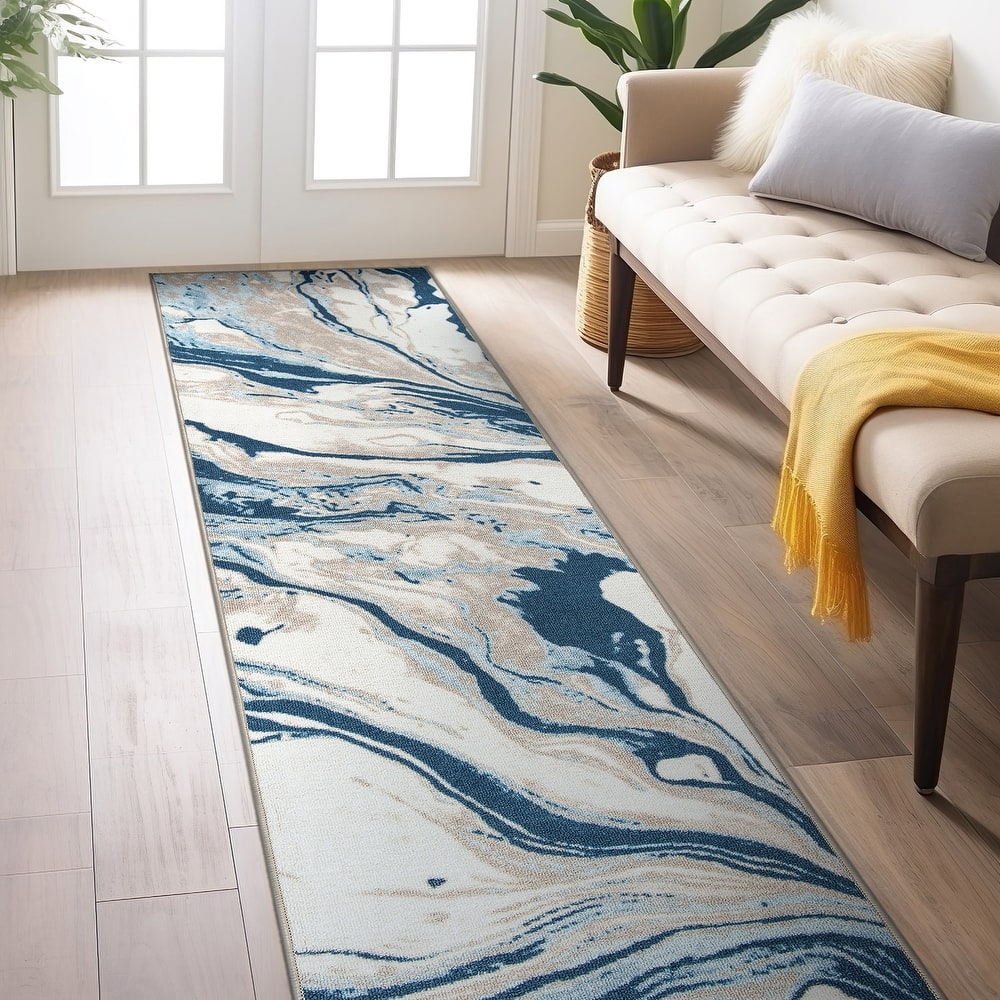 Contemporary Watercolor Wave Abstract Non Slip Area Rug