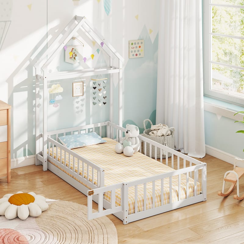 Montessori Twin Size Floor Bed Frame with Guardrails and House Shaped Headboard for Kids Bedroom - White