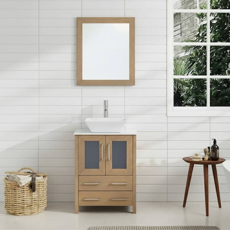 Vanity Art 24-inch Single Sink Bathroom Vanity Set With Engineered Marble Top and Free Mirror - Natural Oak