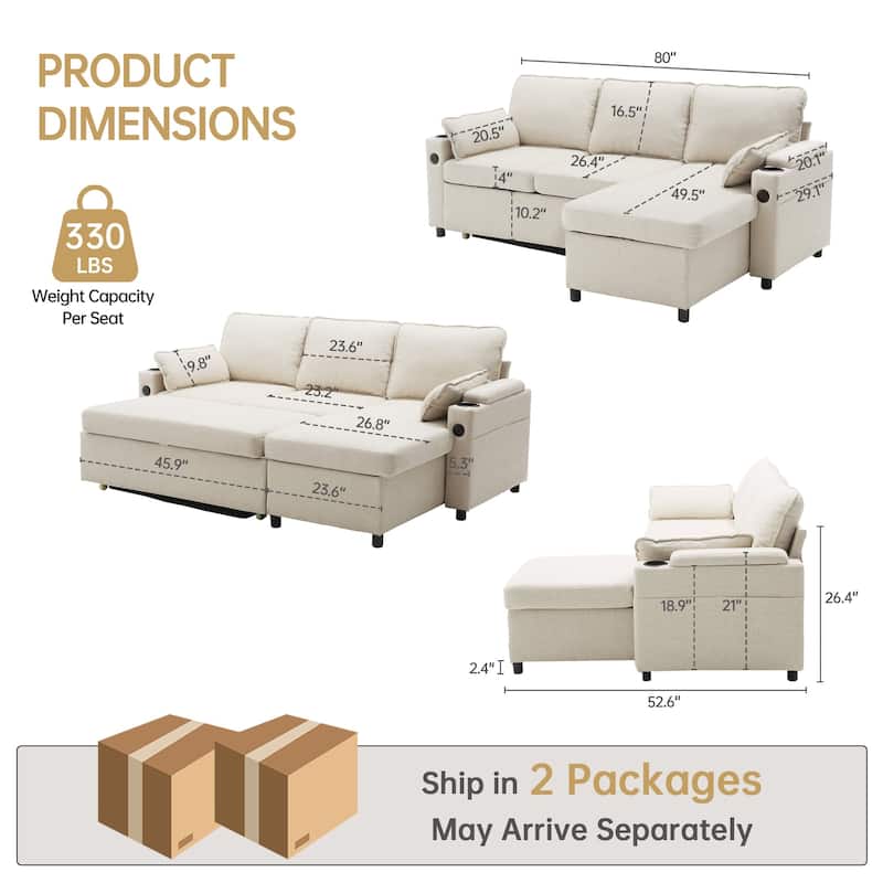 Convertible Sleeper Sofa 3-in-1 Pull Out Sectional Sofa Bed L/U-Shaped Couch with Storage Chaise