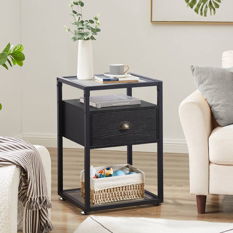 Nightstands for Small Spaces, Modern End Tables with Glass Top, Side Tables with Drawers - Brown