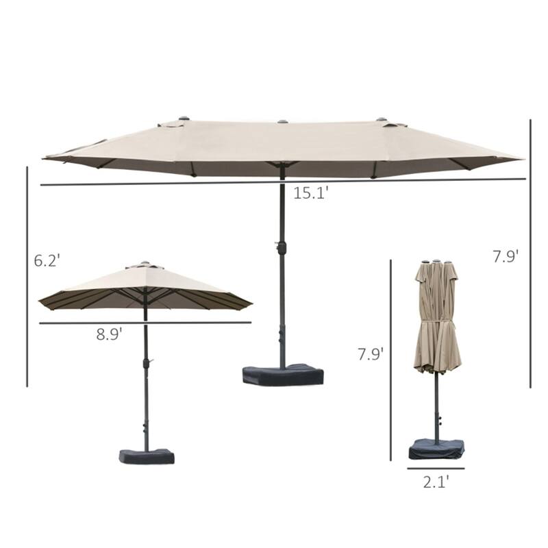 Large 15ft Outdoor Sun Umbrella with Double Canopy and 12 Steel Ribs Crank Lift for Garden or Deck