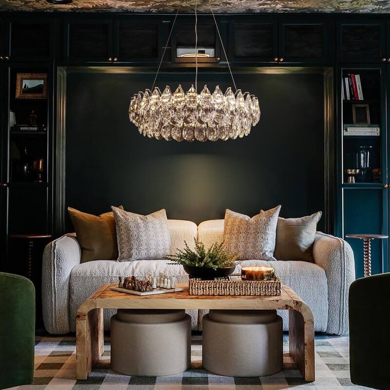 Modern Glam Chrome Round Crystal LED Chandelier for Dining Room - 23.6 in. W x 86.6 in. H