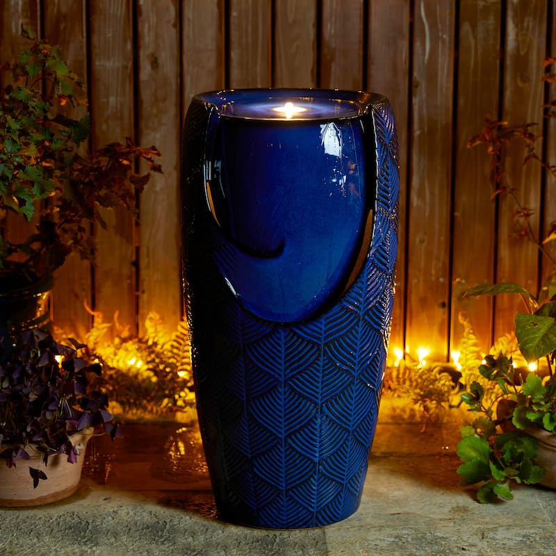 Glitzhome Oversized LED Lighted Ceramic Pot Floor Fountains for Outdoor Garden - Blue - 29"H