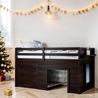 Twin Size Loft Bed with Cabinet and Shelf - Espresso