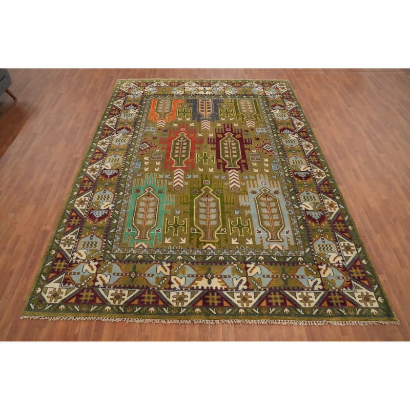 Hand Knotted Oriental 100% Wool Carpet Traditional Geometric Green Kazak Area Rug - 11' 10'' X 8' 11''