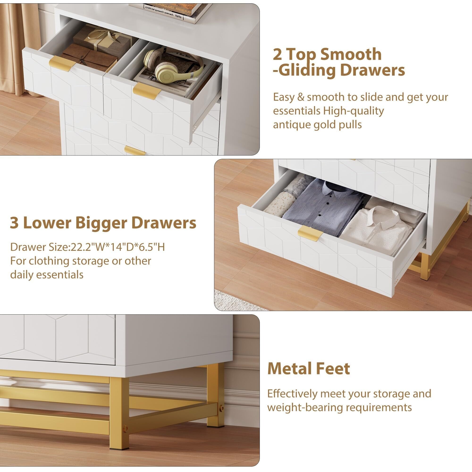 5 Drawer Dresser, with Metal Legs and Gold Handles - Overstock - 43293436