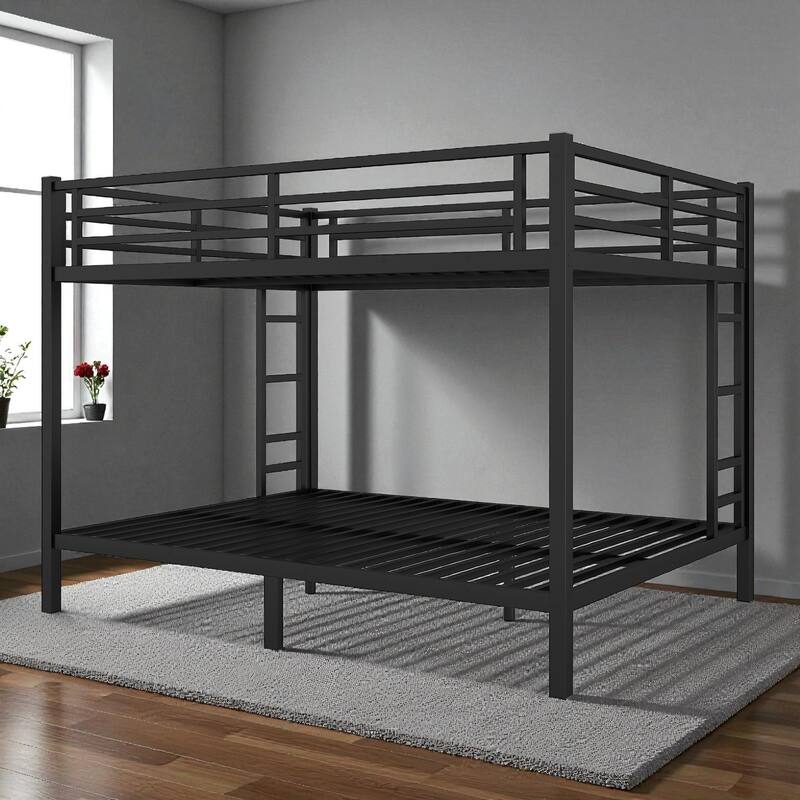 Metal Queen over Queen Bunk Bed for Adults and Teens, Heavy-Duty Noise-Free Frame with Dual Ladders and Storage